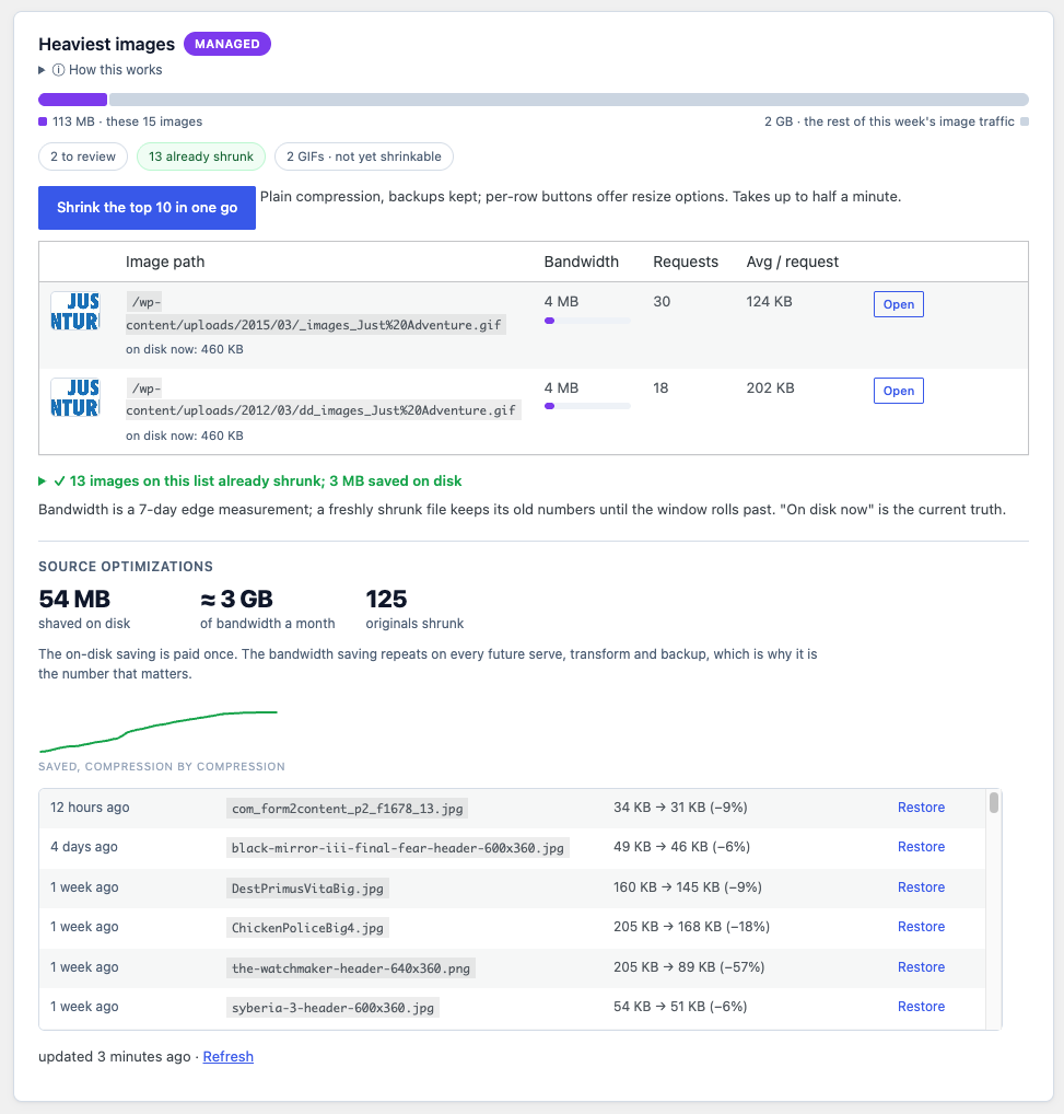 Heaviest images pane: 15 images account for 113 MB of a week's 2 GB image traffic; 2 to review, 13 already shrunk, 2 GIFs not yet shrinkable; a Shrink the top 10 button; source optimizations of 54 MB shaved on disk, about 3 GB of bandwidth a month, 125 originals shrunk, with per-file before and after sizes and Restore links